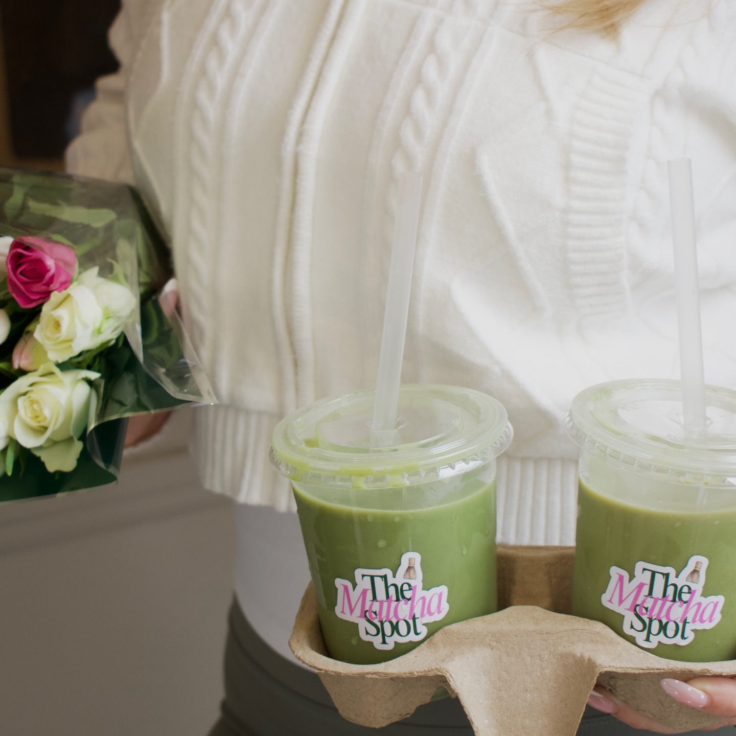Two fresh matchas in a carrier at The Matcha Spot Campo Lane
